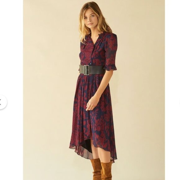 ba&sh dress Baleares Midi Dress Ruffled Collar Navy Maroon Size Small (4-6) NWT - Picture 3 of 16